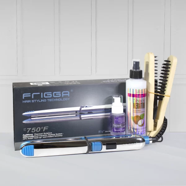 Plancha Frigga + Shoc Keratin Coco + Serum Marroquí + Cepillo